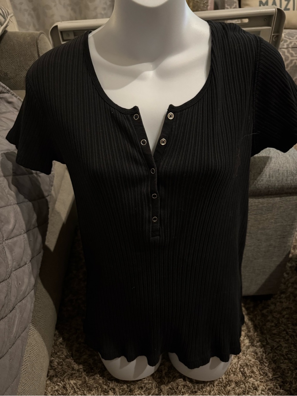 Ladies Black Ribbed Short-Sleeve Henley Top